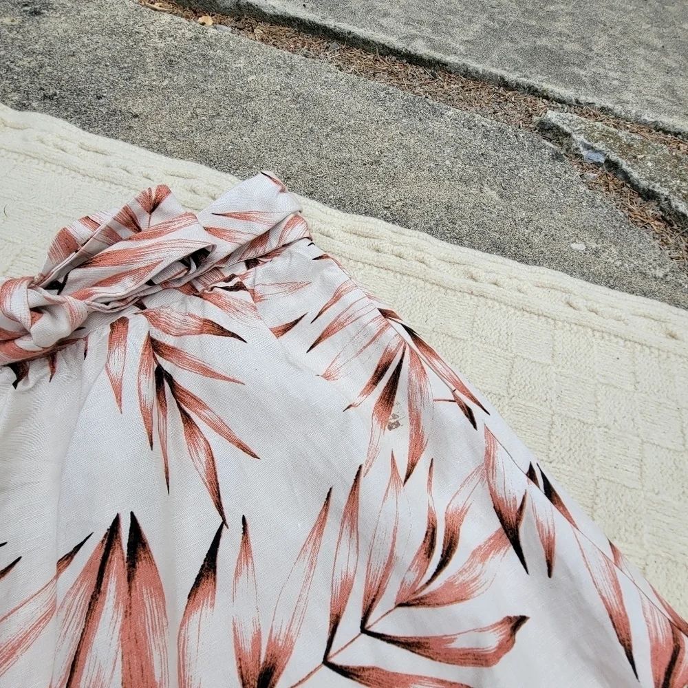 Ann Taylor Tie-Waist Linen Blend Midi Skirt Palm Leaf Print size L Maroon Ivory